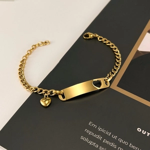 Gold-plated stainless steel heart bracelet with hollow-out plate and heart charm