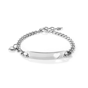 Polished stainless steel Cuban chain bracelet with heart cutout plate and small heart charm