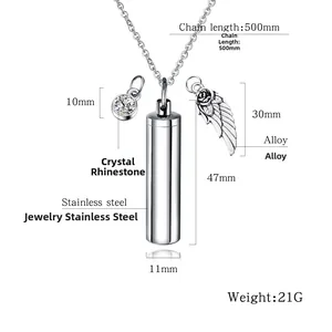 Detailed size chart for stainless steel urn necklace with angel wing and zircon charm