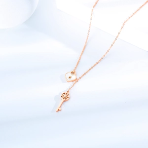 Elegant rose gold necklace featuring mother-of-pearl heart lock and hollow key pendants