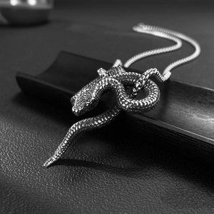 Detailopname van een zilveren punk slangenhanger met verfijnde schubbenstructuur op ketting