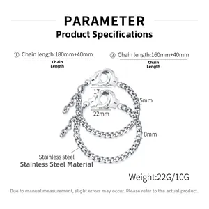 Detailed size specifications for stainless steel handcuff bracelets in silver finish