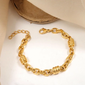 Bracciale a Catena in Acciaio Inossidabile Placcato Oro 18K Con Decorazione Cilindrica Testurizzata Gioielli Regolabili O-Link Per Uomo Donna