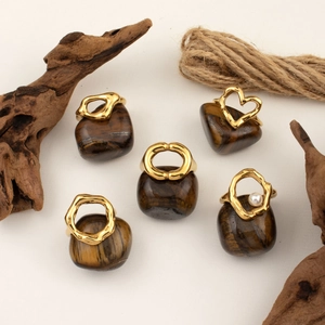 5-piece set of irregular 18k gold plated stainless steel rings with pearl and organic shapes