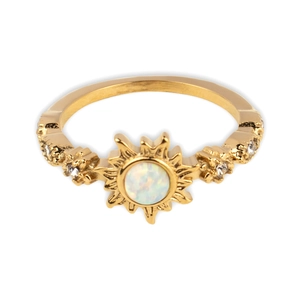 Retro sunflower titanium steel ring with opal inlay and zircon accents on gold band