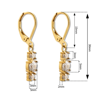 Detailed technical diagram showing dimensions of three-stone gold zircon drop earrings