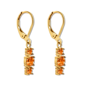 Elegant gold leverback earrings with three vertical round orange stones on white background