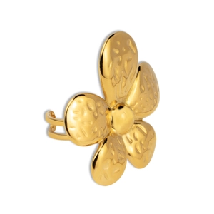 Vintage golden 5-petal flower open ring with textured hammered finish for women