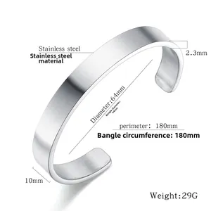 Dimensiones técnicas de un brazalete abierto de 10mm en acero inoxidable con detalles