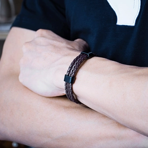 Men's dark brown multilayer braided leather bracelet with matte black alloy metal buckle