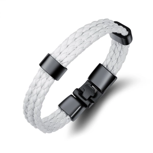 White braided leather multi-layer bracelet with matte black metal clasp on white background
