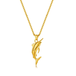 Golden marlin fish pendant necklace in stainless steel with realistic scale details