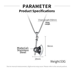 Specificaties van de punk bijl schedel hanger ketting in roestvrij staal met 550mm ketting