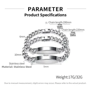 Detailed size chart for stainless steel Cuban chain bracelets with length and width info