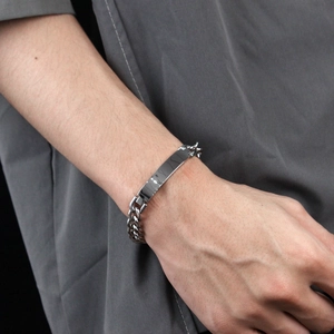 Polished stainless steel Cuban chain bracelet with Roman numeral engraved plate for couples