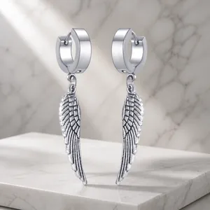 Punk Angel Wing Feather Hoop Earrings For Men Stainless Steel Silver Dangle Drop Earrings Hip Hop Gothic Jewelry