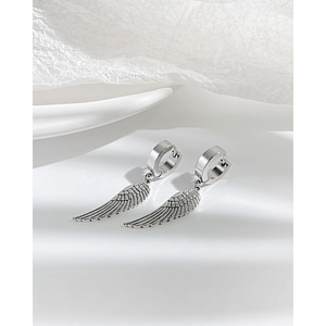 Punk style stainless steel hoop earrings with detailed angel wing pendants for men and women