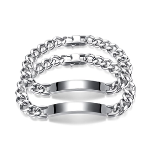 Polished stainless steel Cuban link ID bracelet set for couples with engravable plates