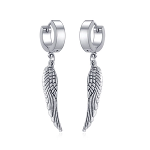 Silver stainless steel huggie earrings featuring detailed 3D angel wing pendants