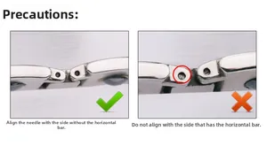 Detail guide showing correct and incorrect watch link remover adjustment on metal strap