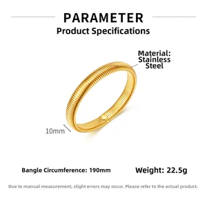 Detail view of 10mm wide gold stainless steel stretch bracelet with texture and dimensions