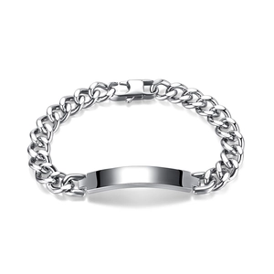 Bracelet gourmette en acier inoxydable argenté poli avec plaque rectangle incurvée
