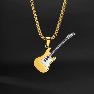 Pendentif guitare électrique bicolore or et argent avec chaîne maille vénitienne en acier