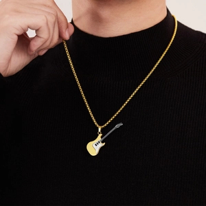 Pendentif guitare électrique en acier inoxydable doré et argenté avec chaîne de style hip-hop