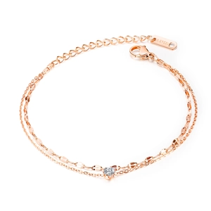 Bracelet de cheville double rang en acier inoxydable or rose avec zircon rond