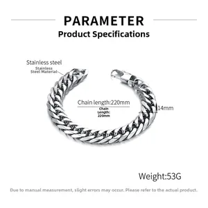 Detailed product specs of silver 14mm stainless steel Cuban chain bracelet with dimensions