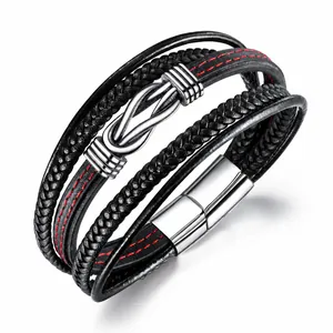 Vintage Men Multi Layer Braided Leather Bracelet Stainless Steel Infinity Knot Magnetic Buckle Red Stitching Punk Jewelry