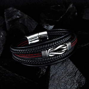 Men's multilayer black braided leather bracelet with red stitching and magnetic clasp