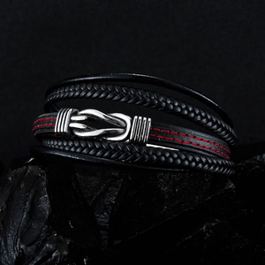 Retro multi-layer men's leather bracelet with silver magnetic buckle and red stitching