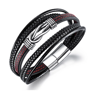 Men's multilayer black leather bracelet with red stitching and silver magnetic clasp