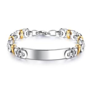 Men's retro stainless steel chain bracelet with gold accents and blank engraving plate