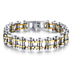Edelstahlarmband im Industriedesign mit silber-goldenen Gliedern im Fahrradketten-Stil