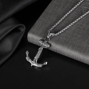 Mens vintage stainless steel nautical anchor pendant necklace with rope detail on box chain