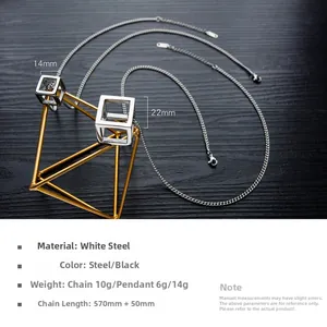 Detailed view of hollow cube pendant necklace in stainless steel with size measurements