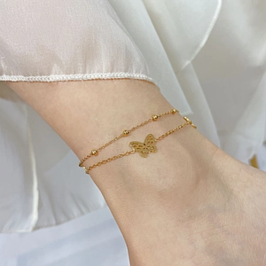 Doppellagiges Schmetterling Fußkettchen Für Damen Edelstahl Vergoldet Perlenkette Minimalistischer Fußschmuck Sommer Strand Accessoire
