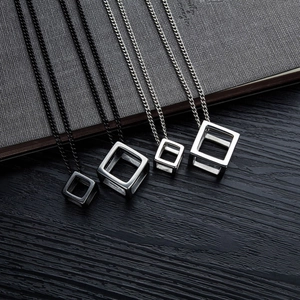 Minimalist stainless steel hollow cube pendant necklace in black and silver finishes