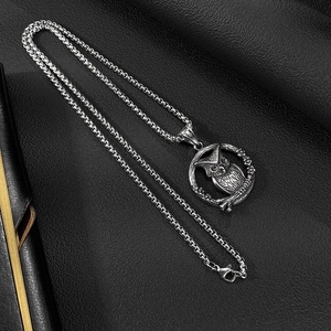 Detailopname van de retro uilhanger en stevige boxketting gemaakt van roestvrij staal
