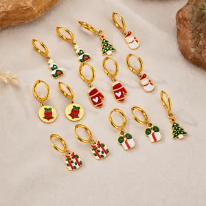 Boucles d'oreilles Créoles de Noël en Acier Inoxydable Vintage Français Pour Femmes Arbre de Noël Pendentif Bonhomme de Neige