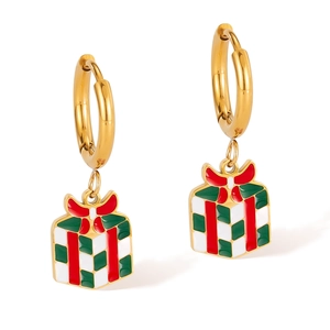 Boucles d'oreilles boîte cadeau de Noël avec motif damier en émail rouge et vert