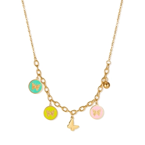 Goldene Edelstahlkette mit farbigen Schmetterlingsanhängern und einer polierten Goldkugel