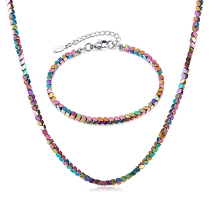 Sieradenset van regenboog hematiet kralen met roestvrijstalen ketting en armband