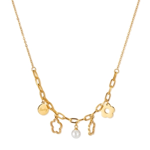 Collana dorata in acciaio inossidabile con perla, ciondoli a fiore e medaglia Lucky