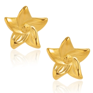 Polished gold butterfly wing flower studs in stainless steel on white reflective background