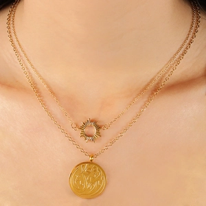 Stainless Steel Necklace For Women 18K Gold Plated Arabic Calligraphy Round Coin Sun Charm Layered Bohemian Fashion Jewelry