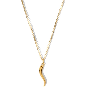 Minimalist gold cornicello chili pendant necklace in stainless steel on white background