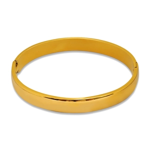 Minimalist gold plated stainless steel bangle featuring high-polish finish and secure hinge